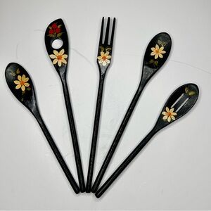 Handcrafted Black Floral Wooden Utensil Set